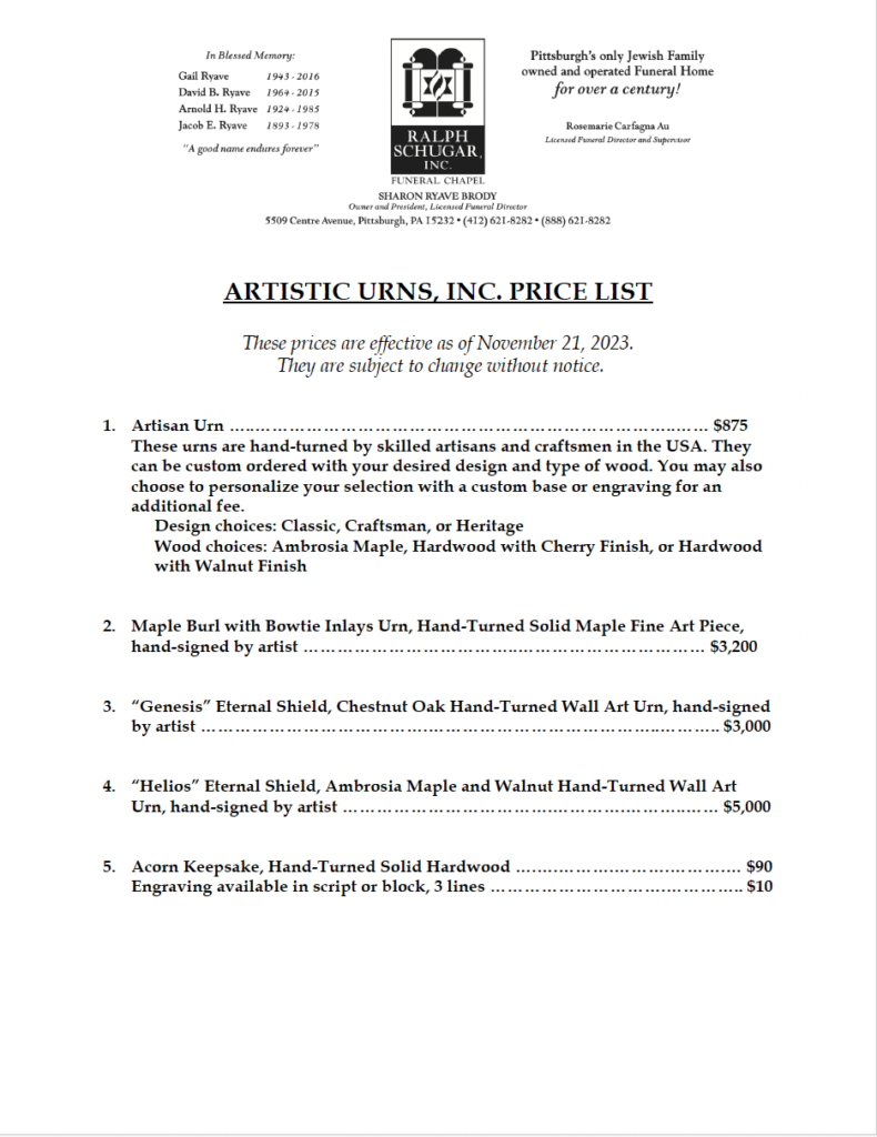 Artistic Urns, Inc. Price List