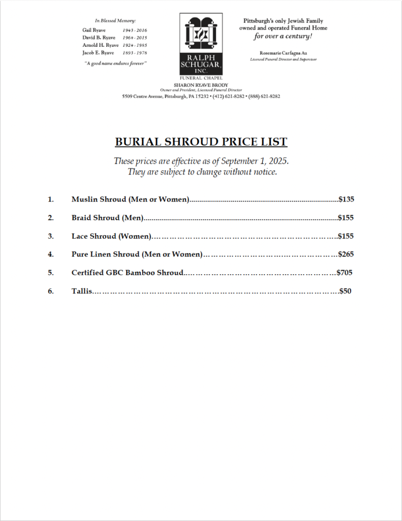 Burial Shroud Price List