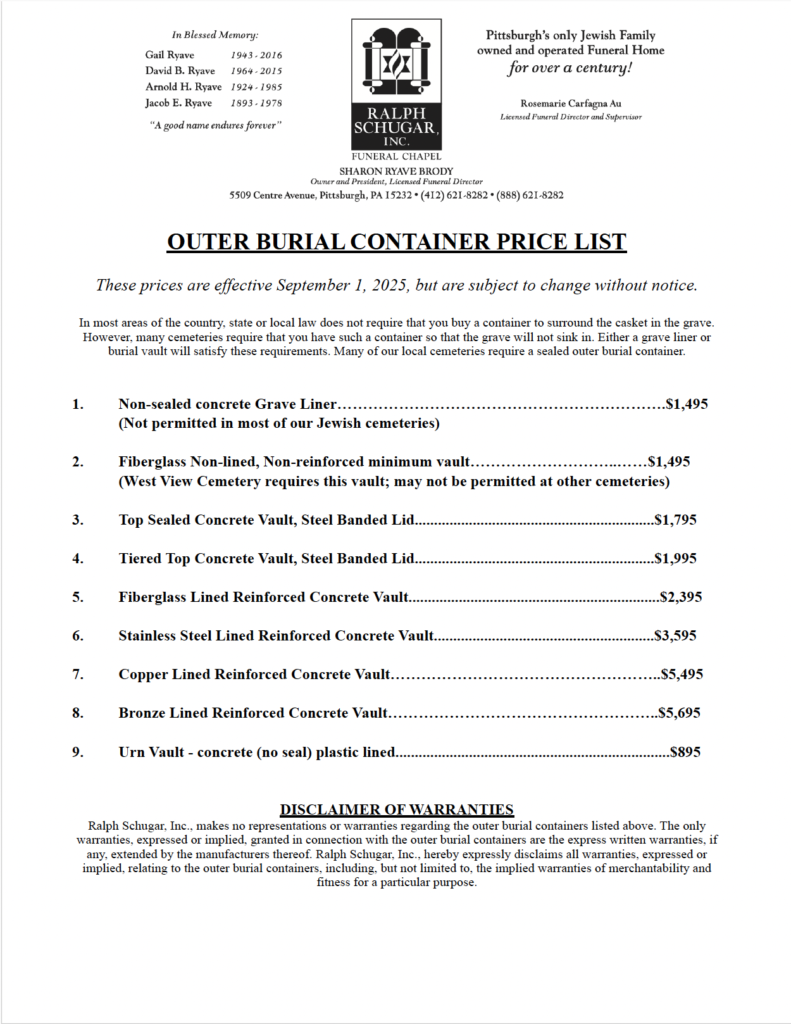 Outer Burial Container Price List